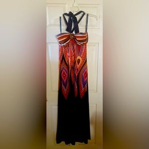 BOHO Vibrant summer long backless dress with tie at the neck